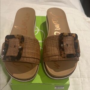 Sam Edelman Tan Slide Sandals with Tortoise Buckle